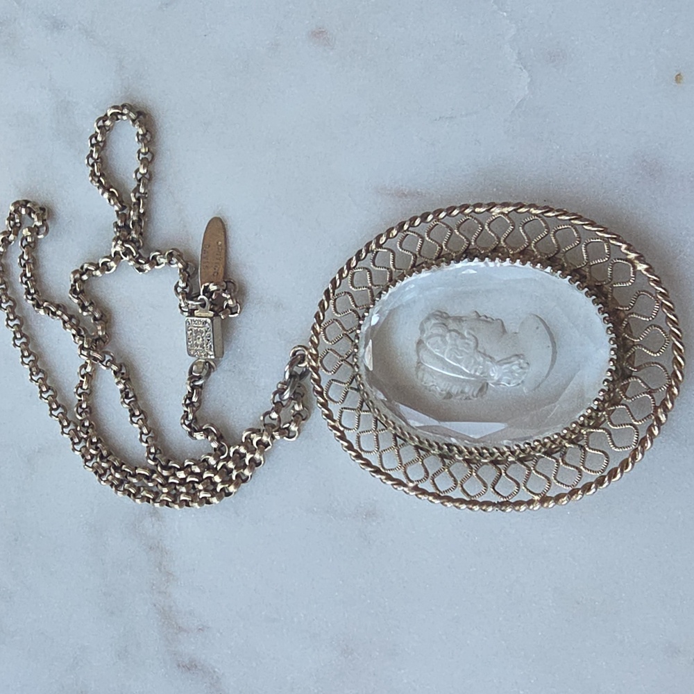 Whiting & Davis Gold-Tone & Crystal Intaglio Cut Cameo Necklace